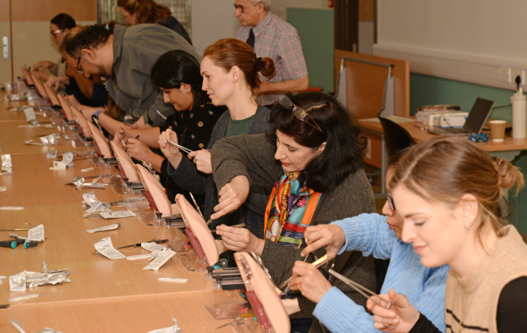 A row of delegates practising on perineal trainers